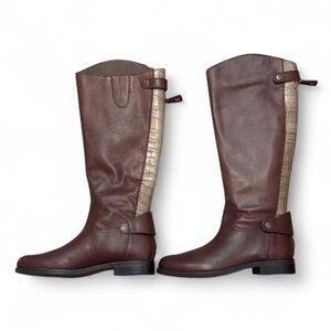 Sam Edelman Brown Leather Riding Boots with Beige Croc-Trim